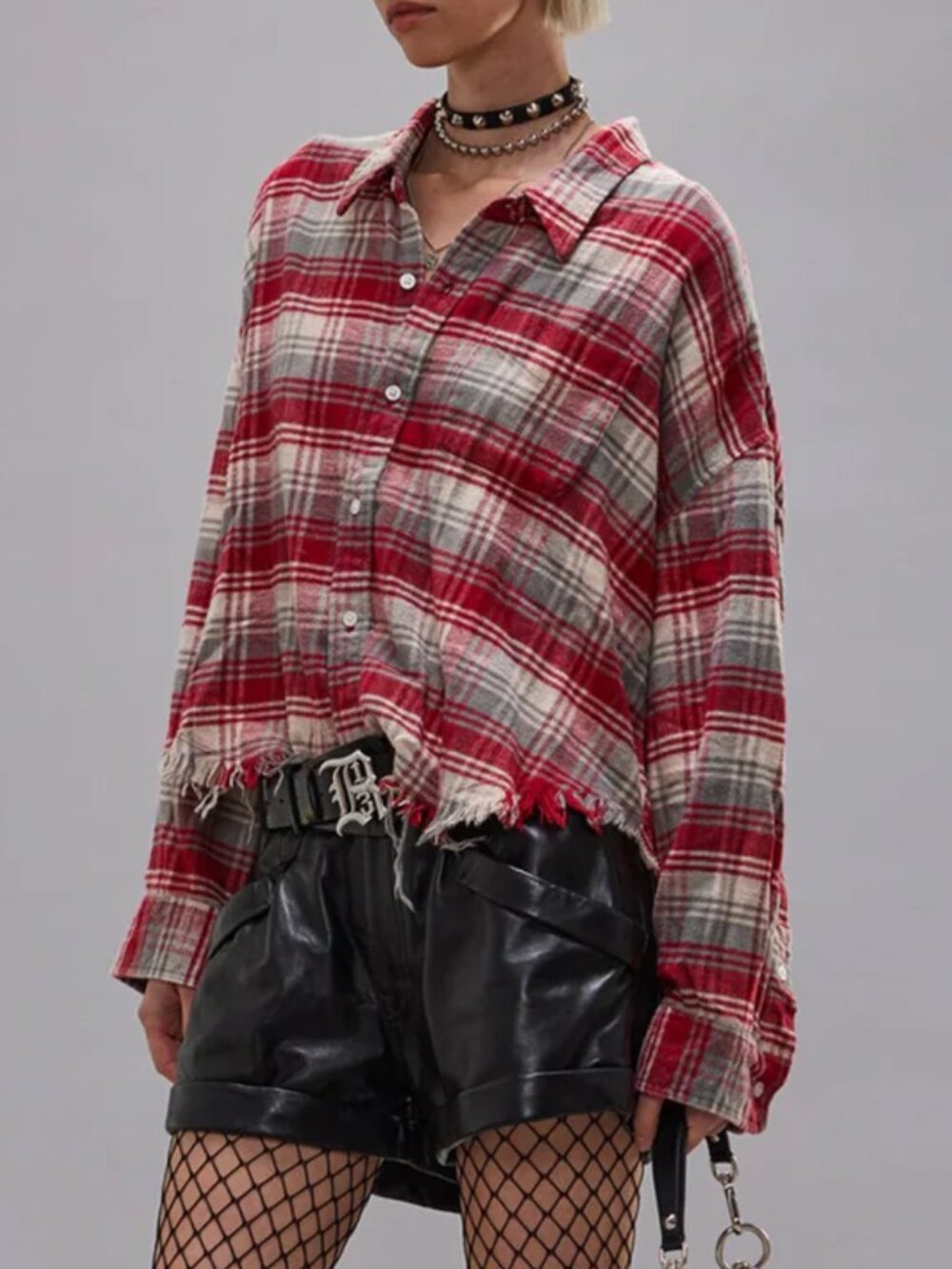 NWT R13 Drop Neck Cropped Shirt XS/S Red Grey Plaid